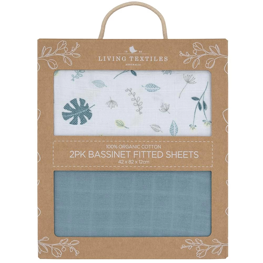 Living Textiles Organic Muslin 2pk Bassinet Fitted Sheet Banana Leaf/Teal